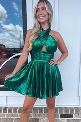 Flowy Halter Pleated Homecoming Dress with Keyhole